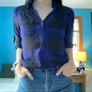 Blue Plaid Flowy Button Up Shirt